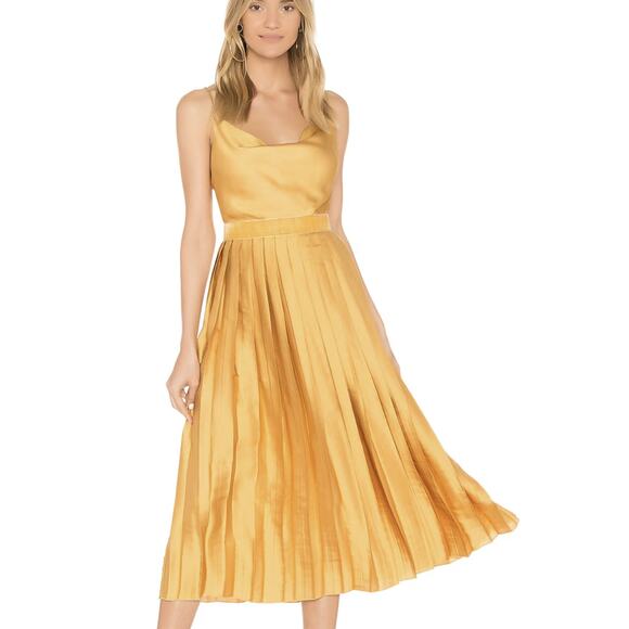 TULAROSA Mel Marigold Yellow Silky Pleated Cocktail Party Dress Midi Size Small - Picture 1 of 9